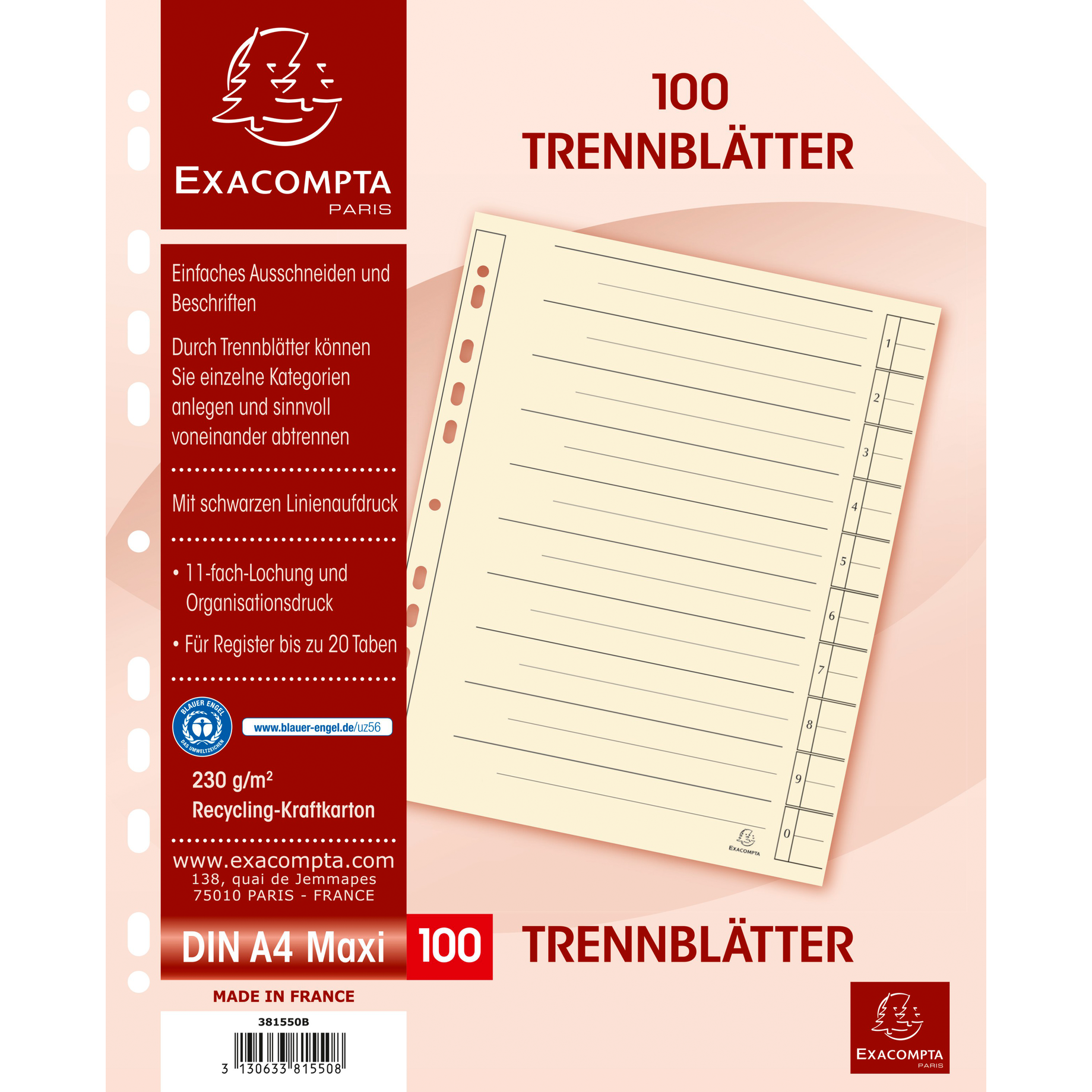 Trennblatt, Tabe und Lochrand farbig
