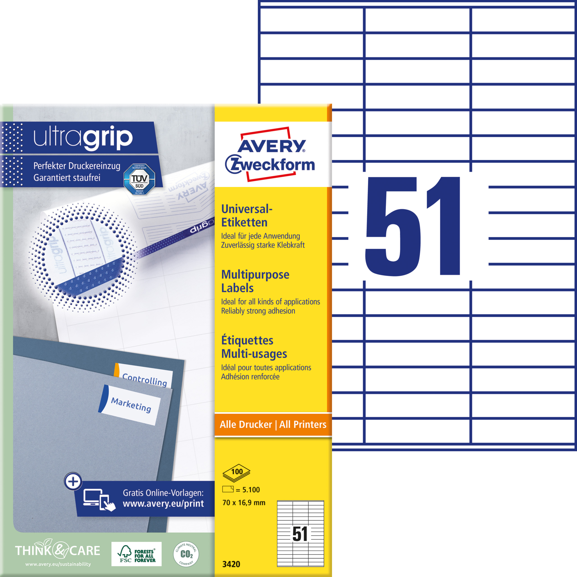Universal-Etikett, ultragrip, 70 mm breit