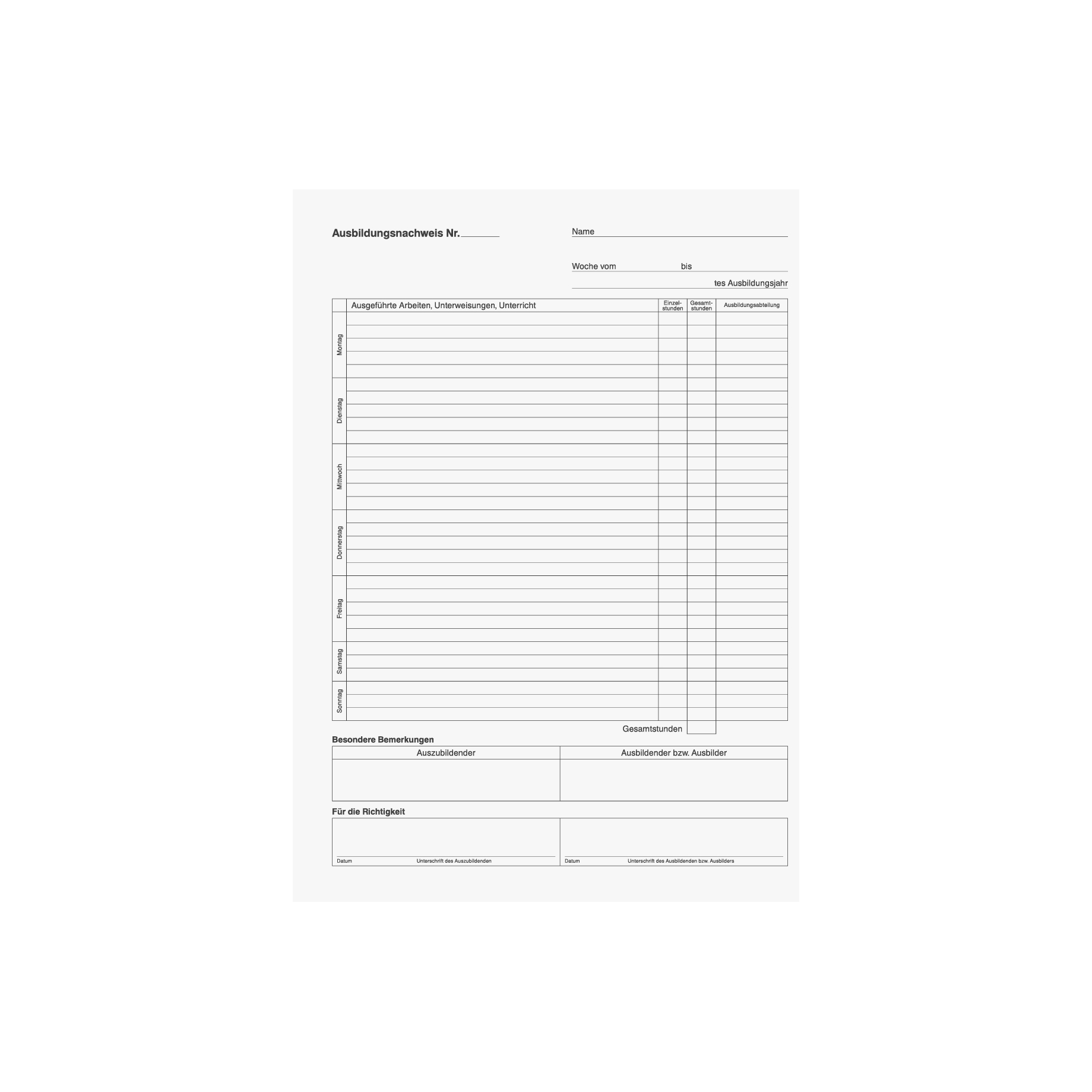 Ausbildungsnachweisblock Wochenbericht