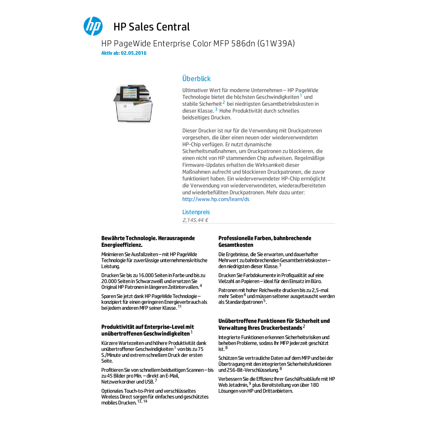 Multifunktionsgerät HP PageWide Enterprise Color MFP 586dn