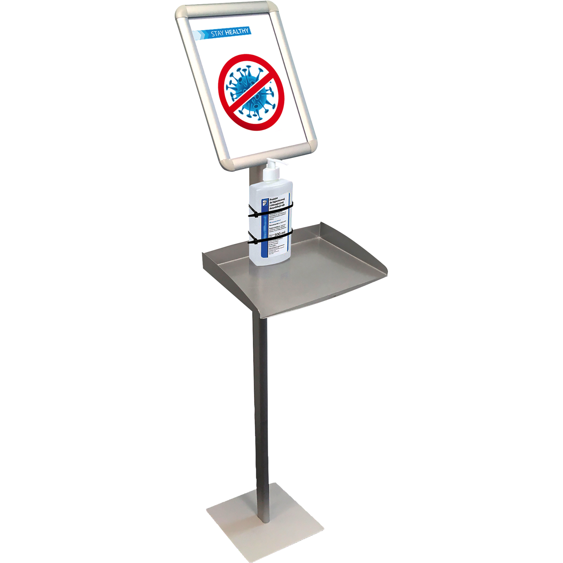Infodisplay mit Ablage für Desinfektionsspender