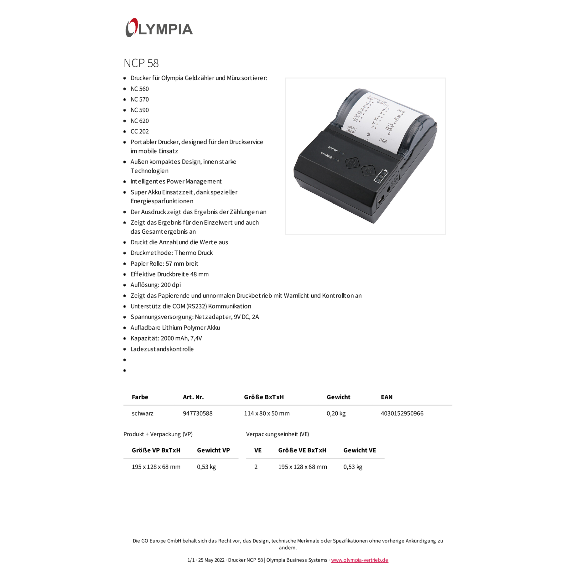 Bondrucker NCP 58 für Geldzähler und Münzsortierer NC 560/570/590/620/CC 202