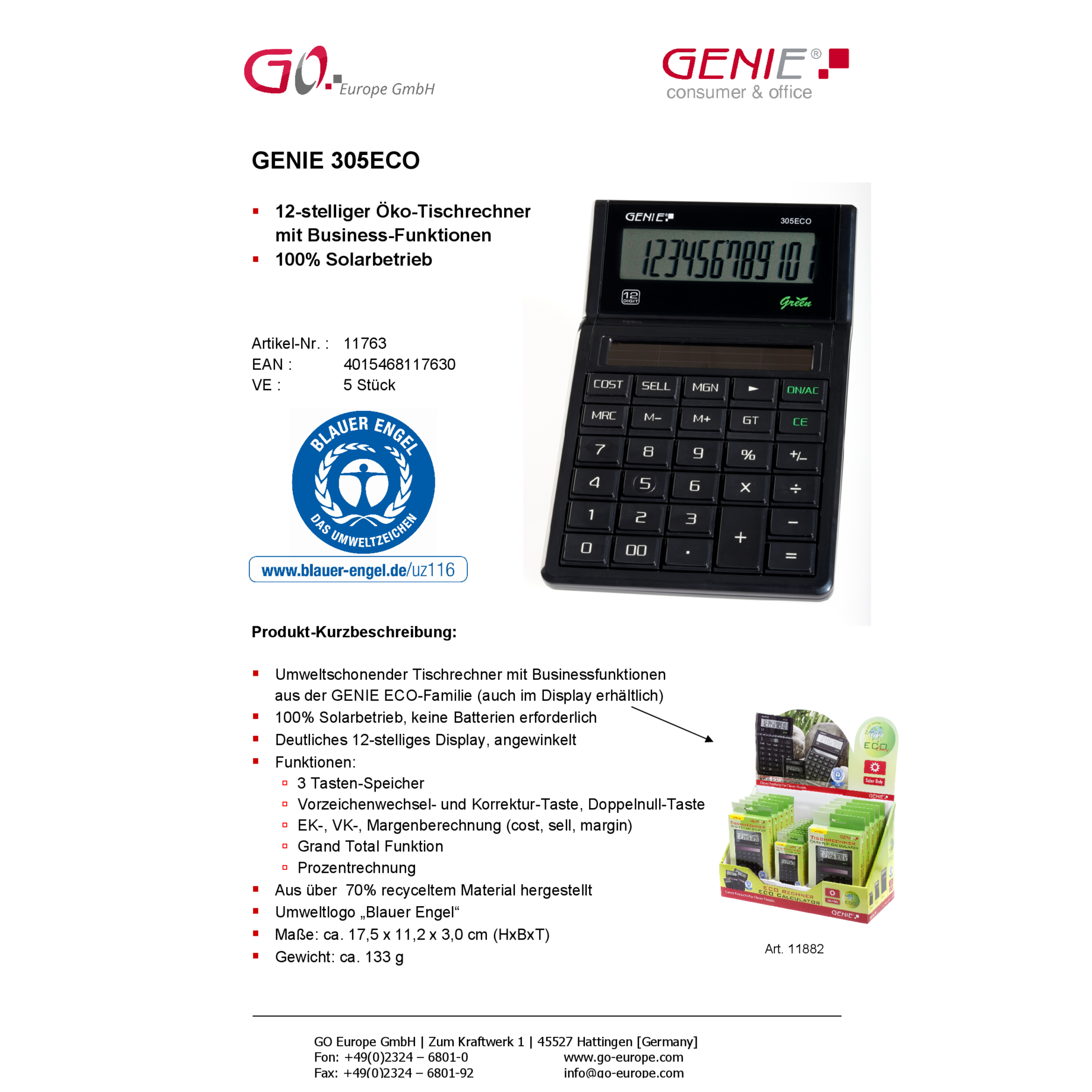 Solar-Tisch- und -Taschenrechner GENIE ECO-Line 305