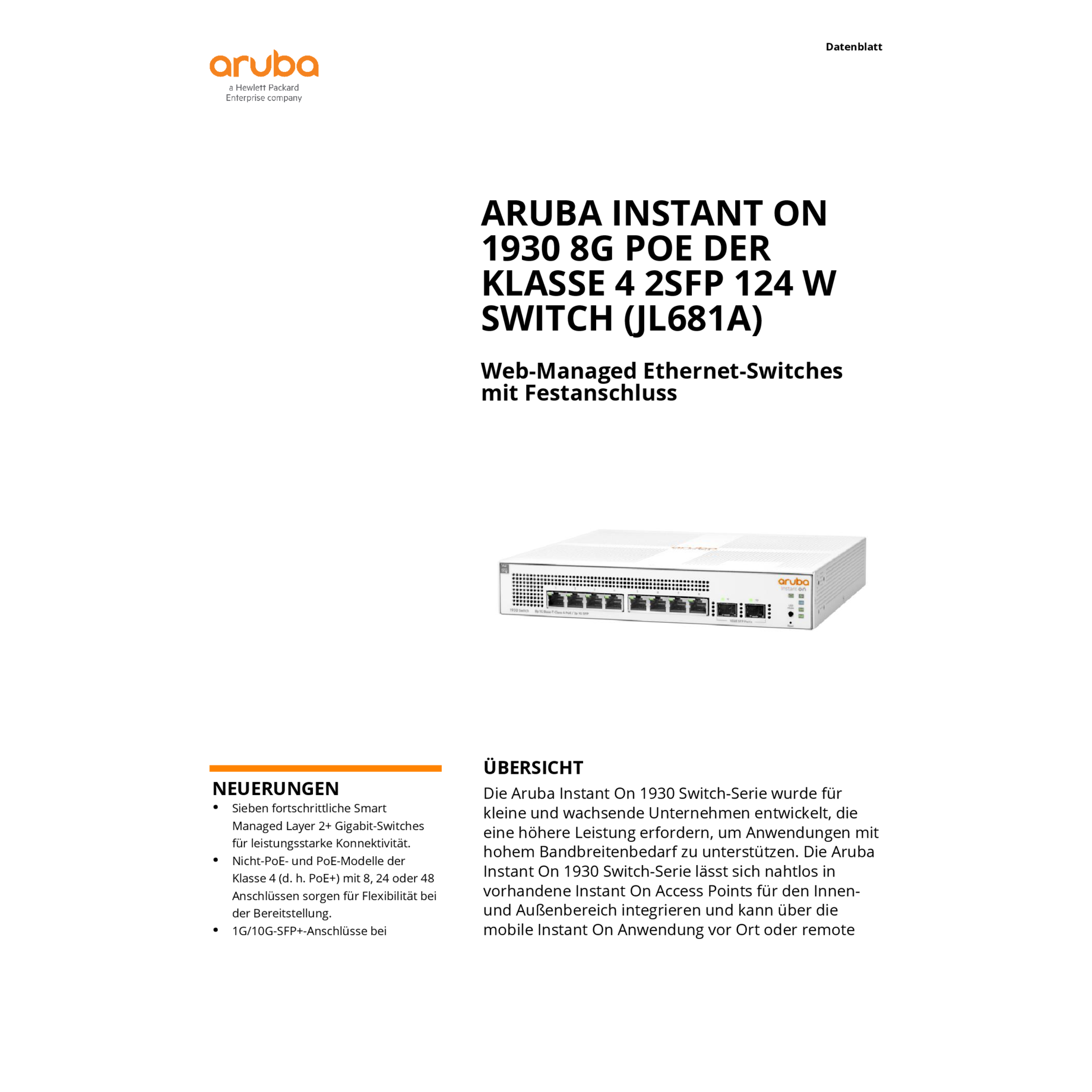 HPE Aruba InstantOn 1930 8G PoE der Klasse 4 2SFP 124W Switch