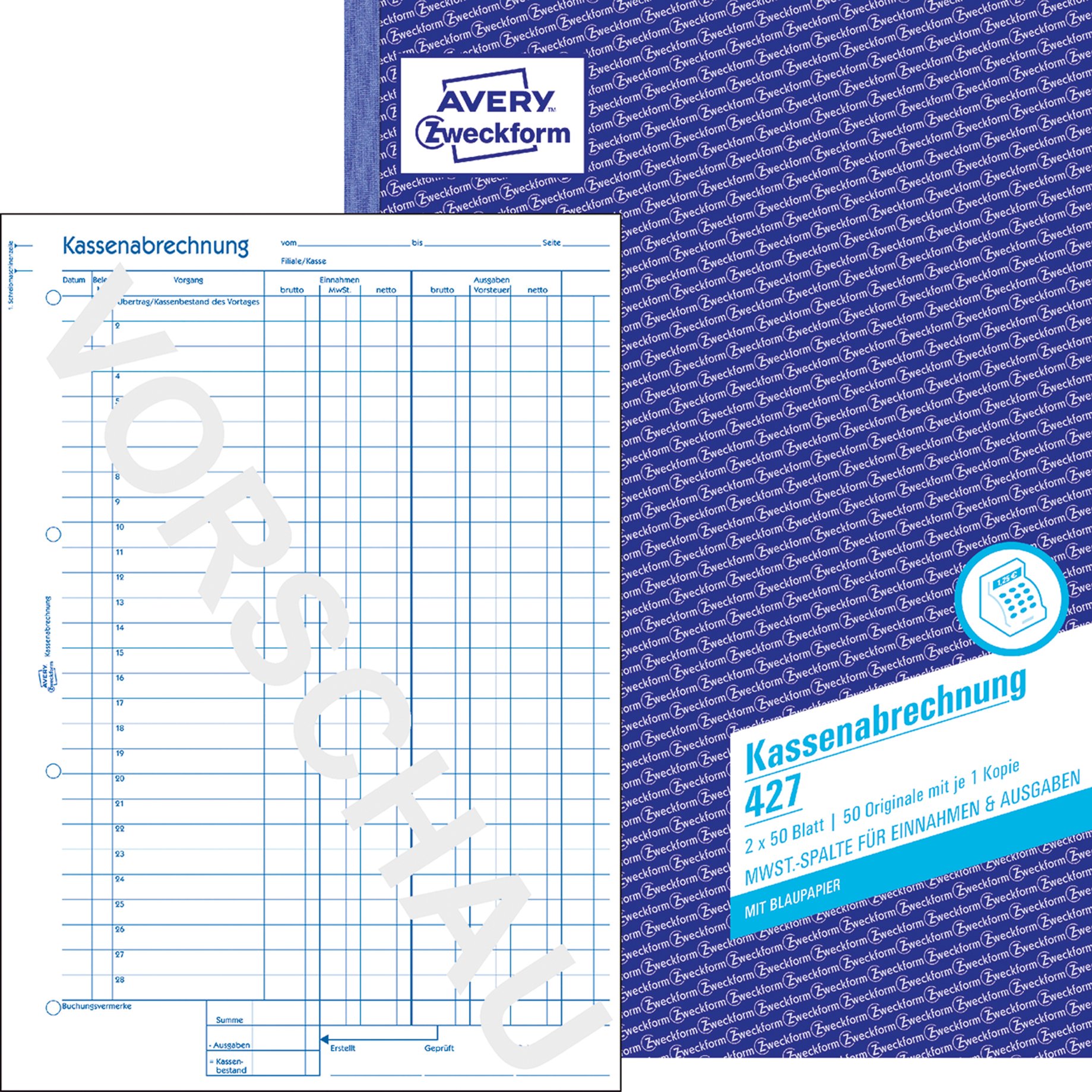 Kassenabrechnung mit MwSt.-Spalte für Einahmen / Ausgaben