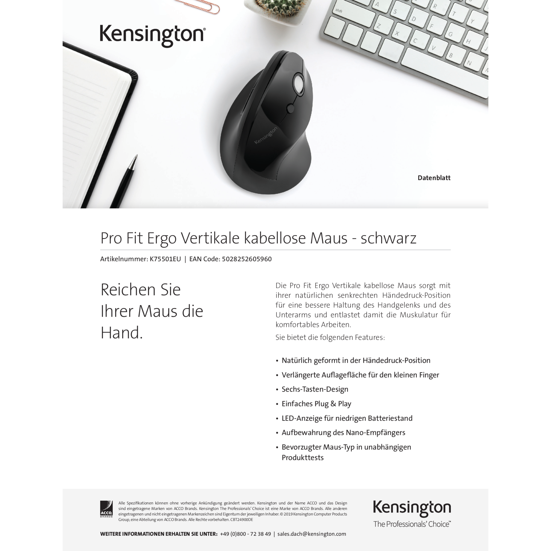 Pro Fit® vertikale kabellose Maus Pro Fit® vertikale kabellose Maus