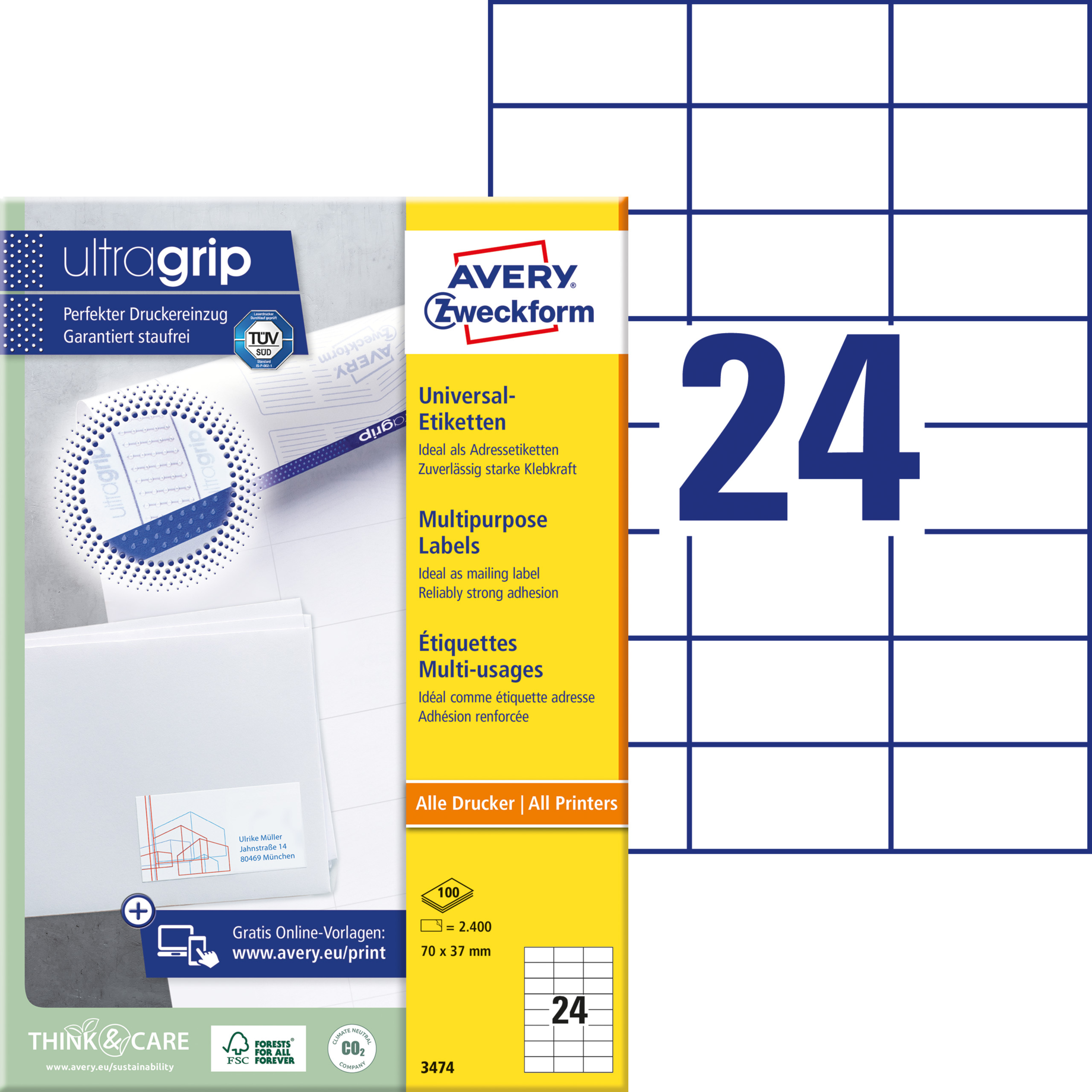 Universal-Etikett, ultragrip, 70 mm breit