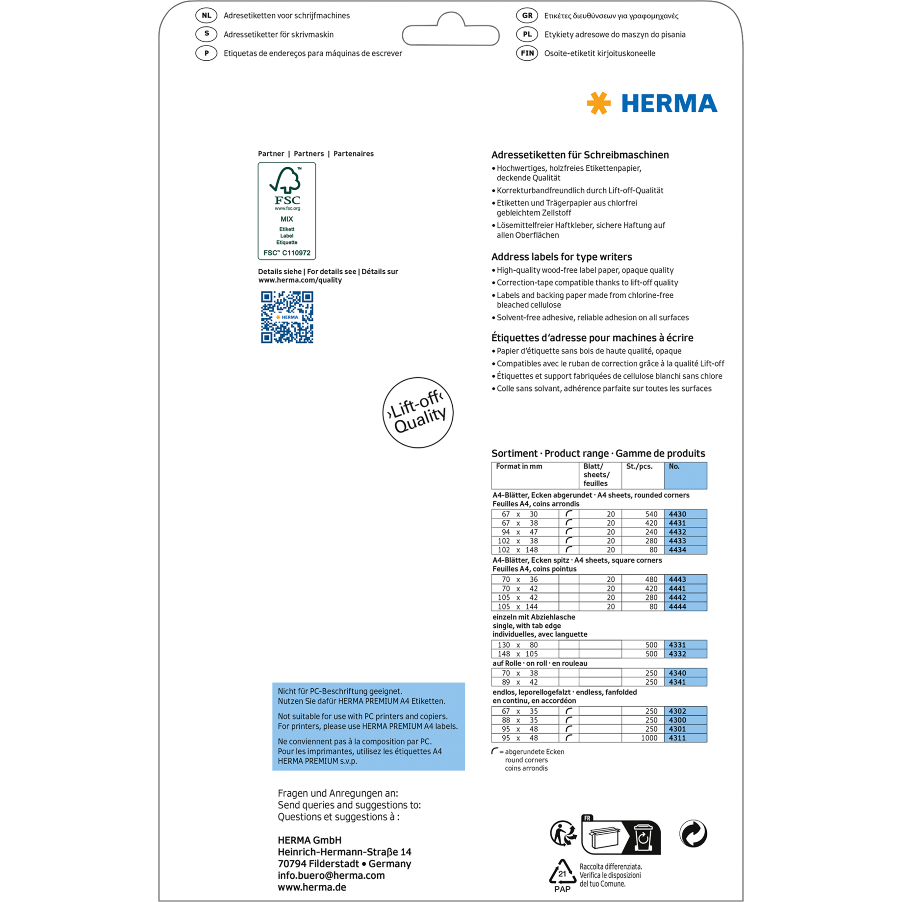 Adressetikett für Schreibmaschinen, ohne Perforation