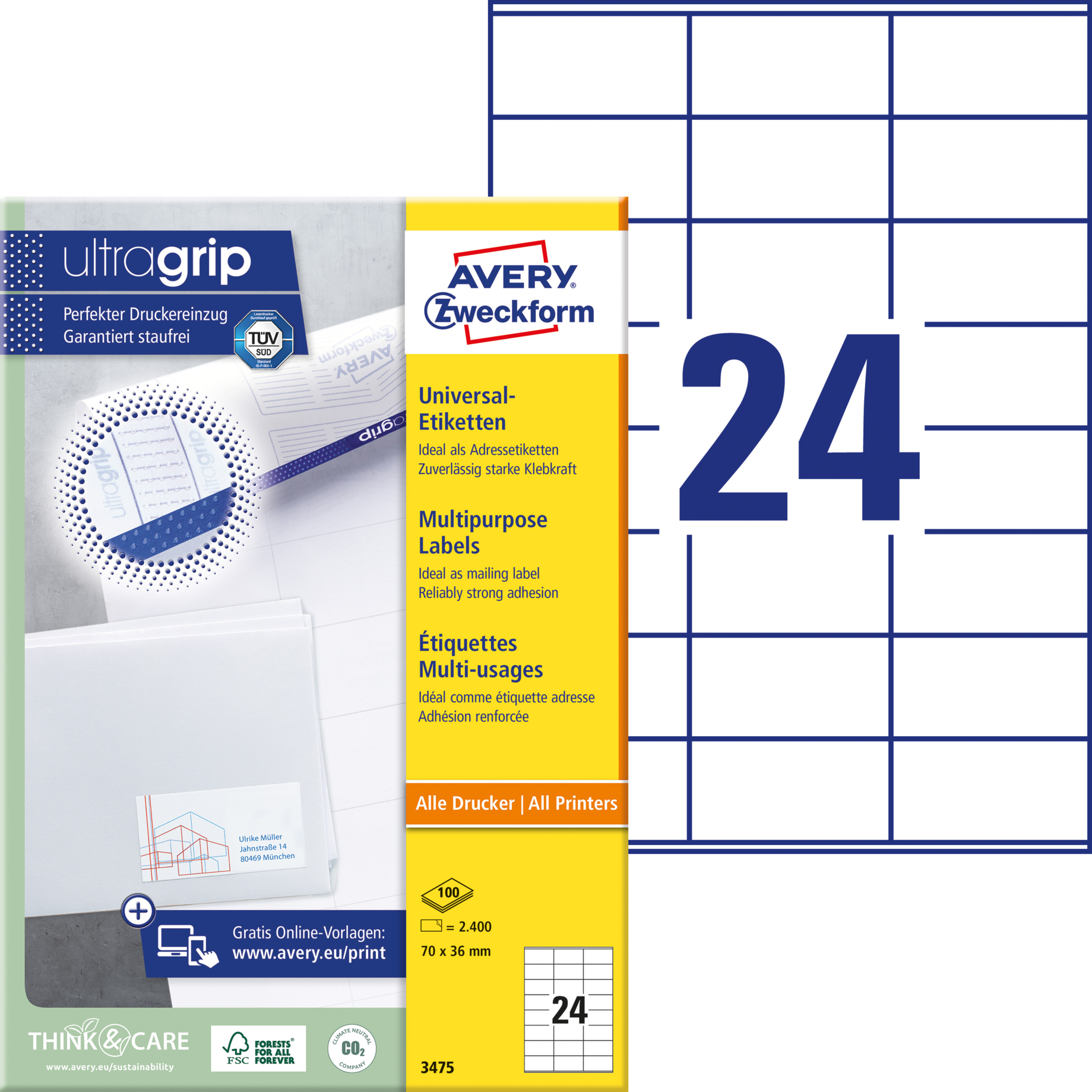 Universal-Etikett, ultragrip, 70 mm breit