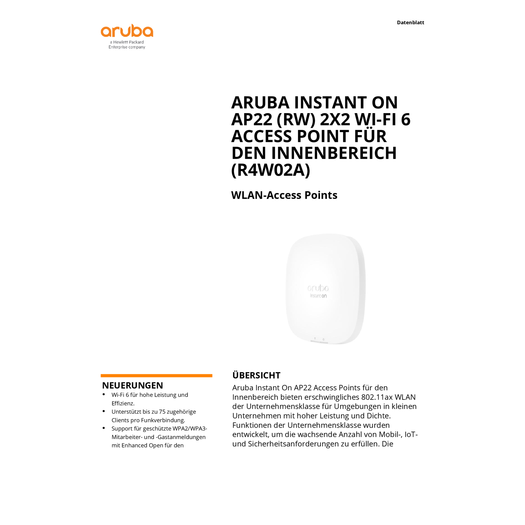 HPE Aruba InstantOn AP22 (RW) 2x2 WI-FI 6 Access Point Indoor